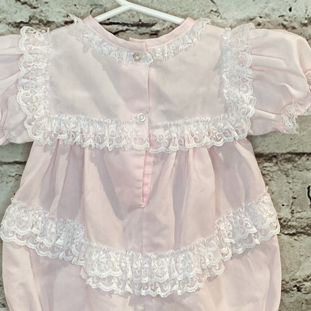 Vintage- Alexis Light Pink Bubble Romper with Embroidery and Lace Trim - Picture 3 of 9